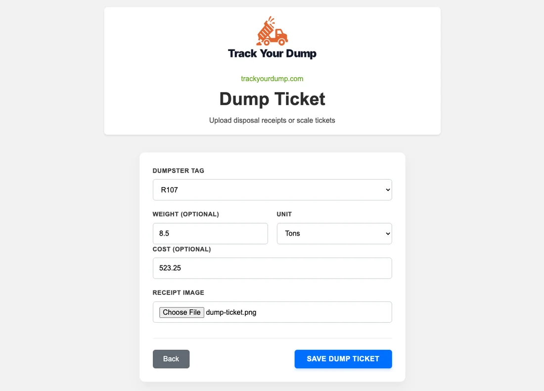 Track Your Dump dump ticket form showing dumpster tag selection, weight, and cost entry