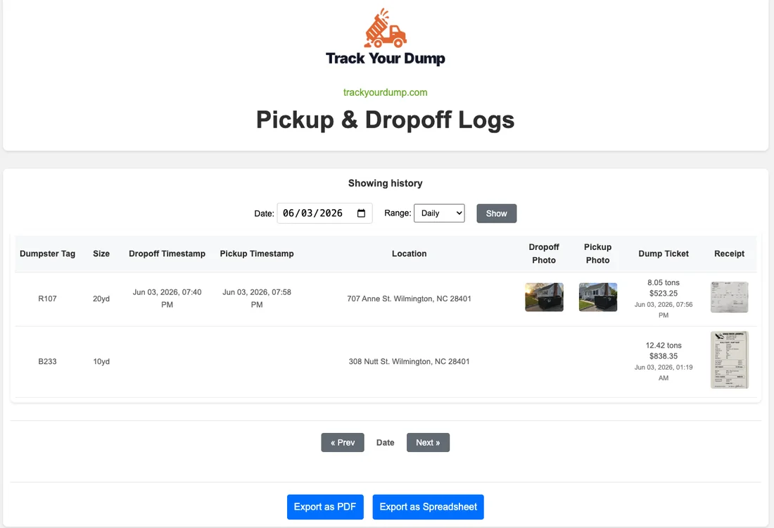 Upload receipt photo for a dump ticket with timestamp and dumpster information
