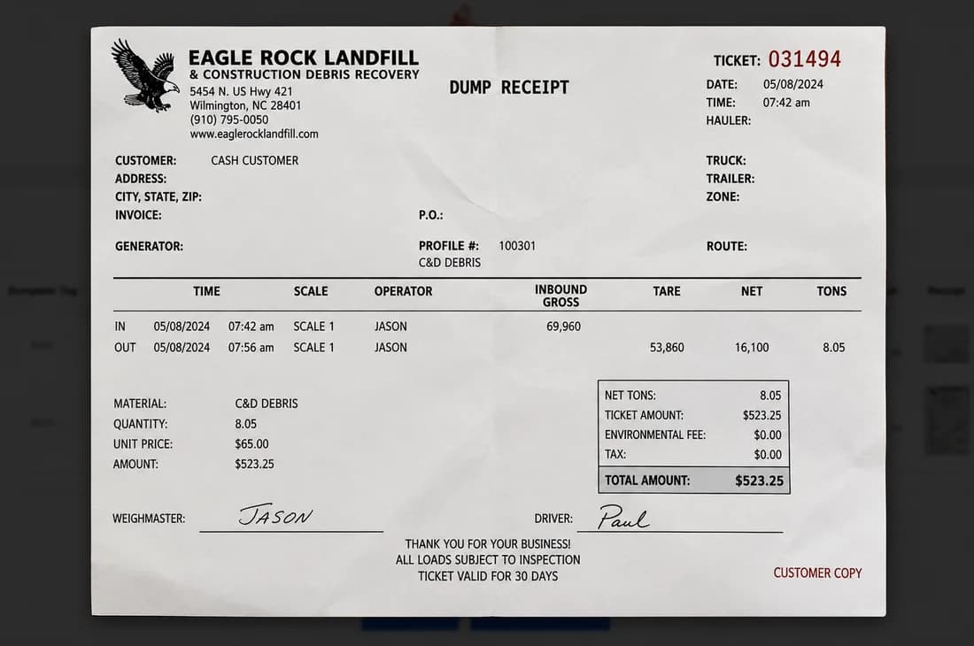 Completed dump ticket detail view with receipt preview and export options